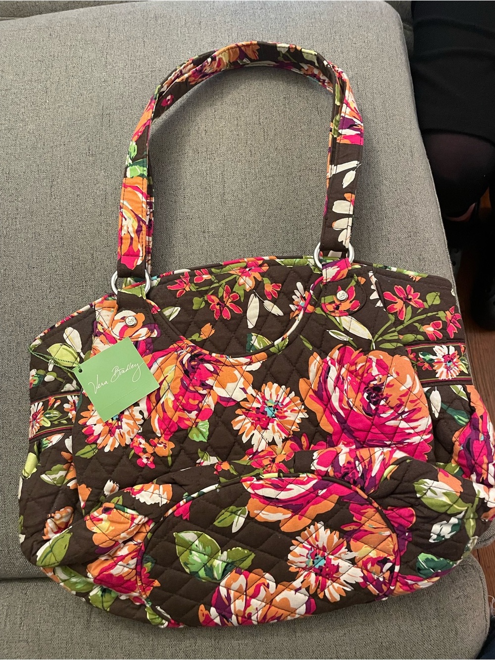 Vera Bradley Quilted Floral Tote in Brown with Pink & Orange Accents - Picture 3 of 5